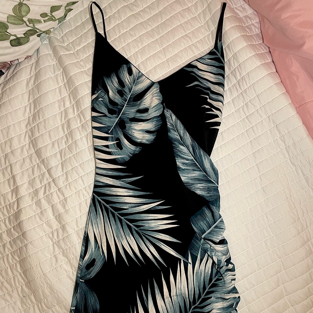 LOVELY DAY✨ Asymmetrical black dress with blue tropical leaves🌿DATE NIGHT OOTN✨